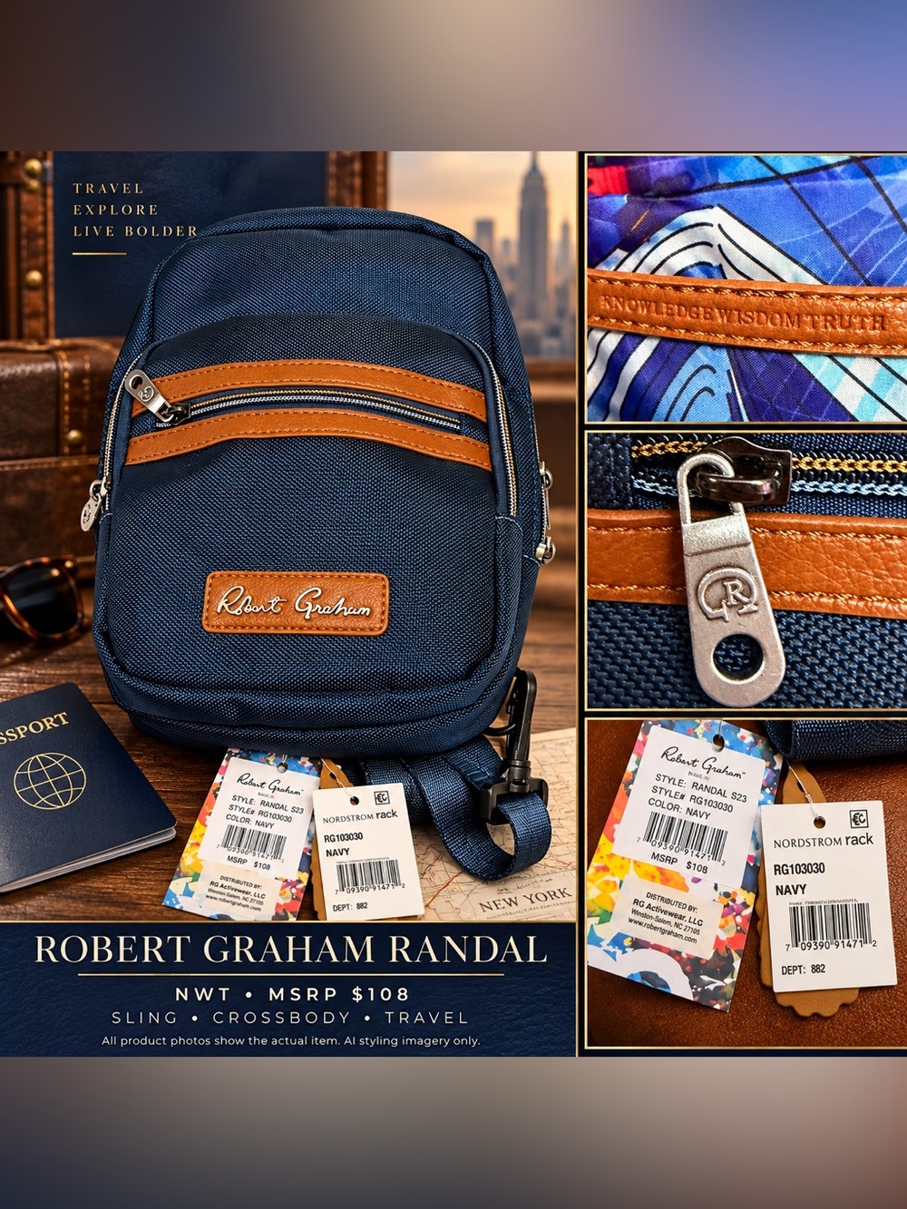 NWT Robert Graham Randal S23 Travel Sling Bag Navy Crossbody RPET $108